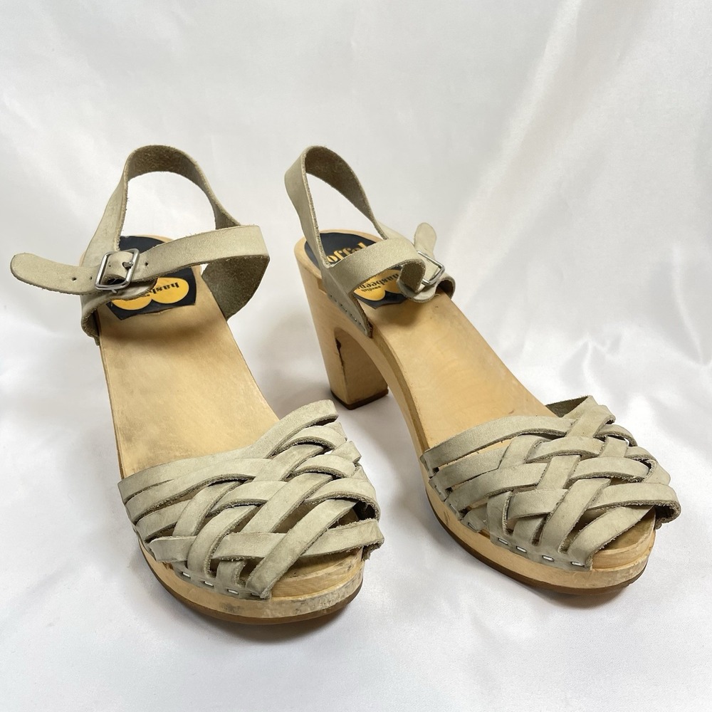 Toffel Hasbeens Swedish Woven Sky High Peep Toe Heel 38 Boho Leather Clog Sandal
